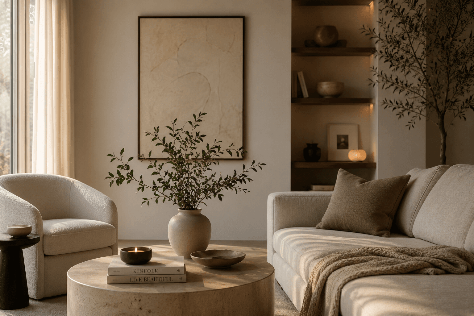 A calm, sunlit interior with linen, wood, and soft natural light